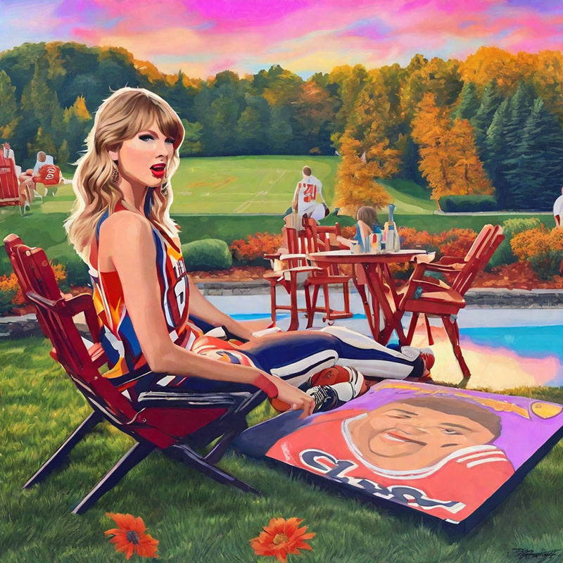 Taylor Swift Football Painting in Beautiful Landscape Field Art Photo by Open.Ai Dictated by The TV Shield