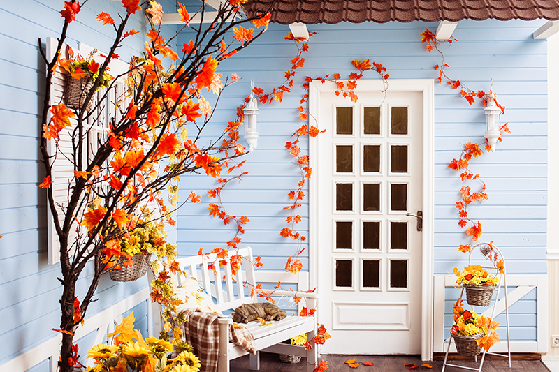 Fall Outdoor Living House Front Patio Decor Orange Leaves