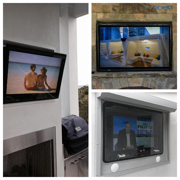 Recessed outdoor TV enclosures