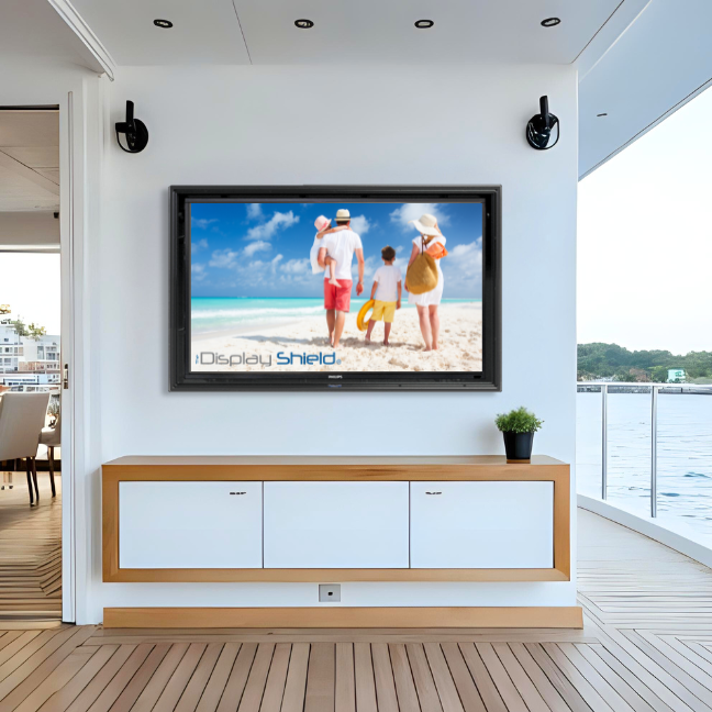 The Display Shield Outdoor TV Enclosure Protecting TV on a Yacht Boat Cruise Ship from Saltwater Air